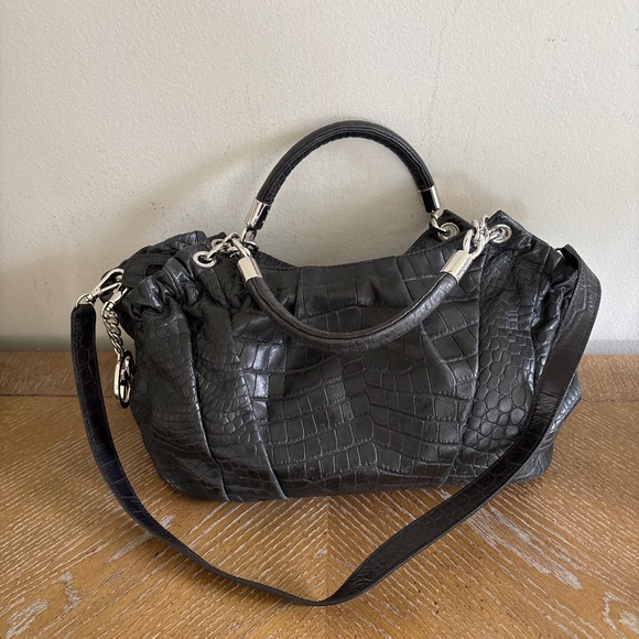 Michael Kors Black Leather Croc Print Satchel Shoulder Handbag - Picture 1 of 8